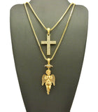 Stone Stud 2 Row Cross & Praying Halo Angel Pendant Set w/ 2mm 24" & 30" Box Chains in Gold-Tone