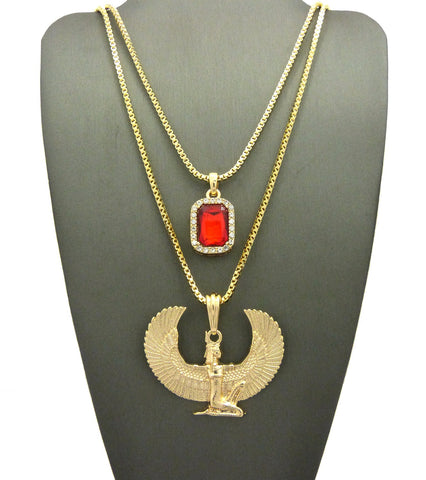 Faux Ruby Stone & Winged Kneeling Egyptian Goddess Maat Pendant Set w/ 2mm Box Chains in Gold-Tone