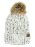 C.C Thick Cable Knit Faux Fuzzy Fur Pom Fleece Lined Skull Cap Cuff Beanie