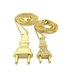 Stone Stud and Polished Power Plug Pendant Box Chain Necklace Set in Gold-Tone