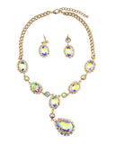 Hanging Encircled Teardrop Aurora Borealis Stone and Dangling Earrings Set in Gold-Tone