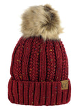 C.C Thick Cable Knit Faux Fuzzy Fur Pom Fleece Lined Skull Cap Cuff Beanie