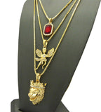 Ruby Red Stone, Floating Angel, & King Lion Pendant Set w/ Box Chain Necklaces in Gold-Tone