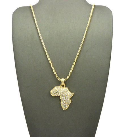 Rhinestone Studded Mini Africa Continent Pendant w/ Chain Necklace in Gold-Tone