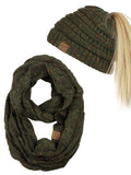 C.C Colorful Confetti BeanieTail Messy High Bun Cable Knit Beanie and Infinity Loop Scarf Set