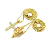 Stone Stud Praying Angel & 2 Row Cross Pendant Set w/ 2mm 24" & 30" Box Chain Necklaces in Gold-Tone