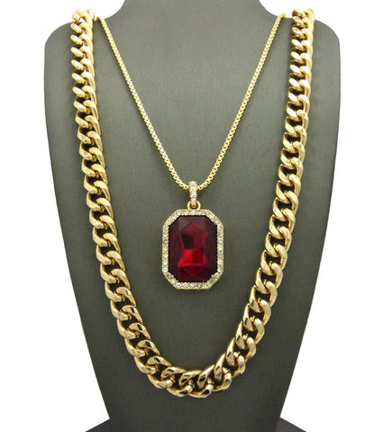 Ruby Red Gemstone Pendant with 2mm 24" Box Chain and 10mm 30" Cuban Chain Necklace in Gold-Tone