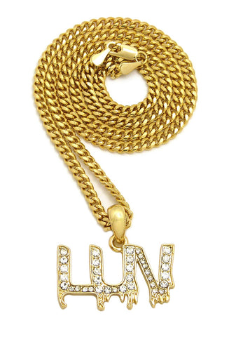 Stone Stud LUV Drip Effect Micro Pendant with Cuban Chain Necklace