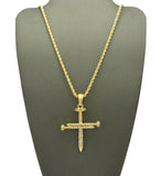 Studded Allover 3 Cross Nail Pendant w/ 2mm 24" Rope Chain Necklace in Gold-Tone