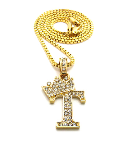 Unisex Stone Stud Tilted Crown Letter Initial Micro Pendant 2mm Box Chain Necklace, 20", T