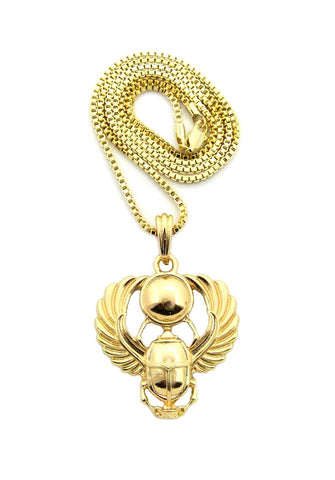 Polished Extended Wing Scarab Beetle Pendant w/ 24" Chain Necklace in Gold-Tone