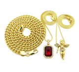 Colored Gemstone & Hip Hop Pendant Set on Box Chains with Cuban Chain in Gold-Tone