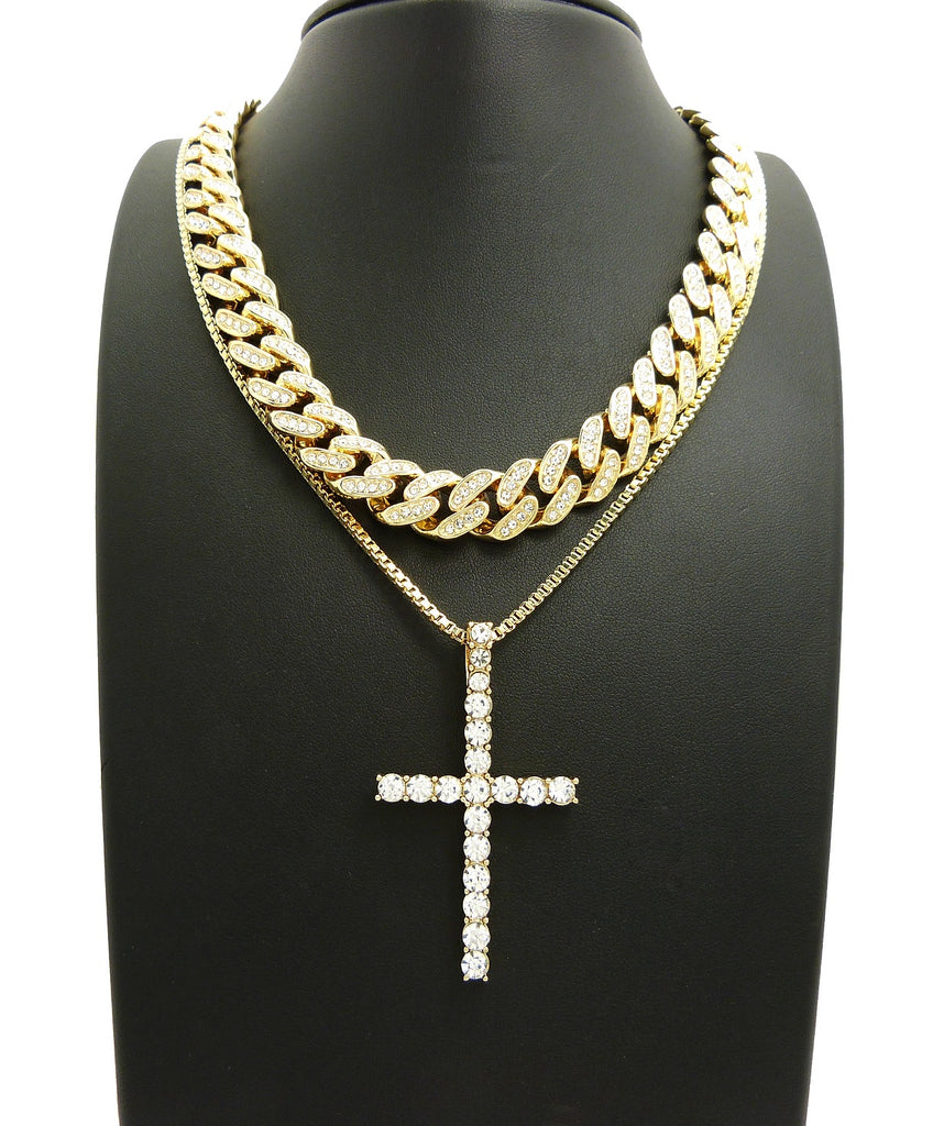 Custom Cross Chain Rapper Hip Hop Rapper's Style Iced Out Cuban Chain & Stone Stud Cross pendant ...