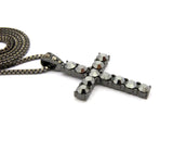 Studded Single Row Cross Pendant w/2mm 24" Box Chain Necklace, Hematite-Tone