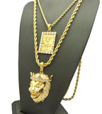 Statue of Liberty and King Lion Pendant Set w/ Rope Chain Necklaces in Gold-Tone