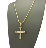 Studded Allover 3 Cross Nail Pendant w/ 2mm 24" Snake Chain Necklace in Gold-Tone