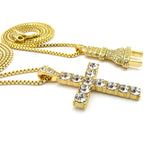 Stone Stud Male Power Plug & Single Row Cross Pendant Set w/Box Chain Necklaces, Gold-Tone