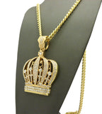 Stone Stud Royal Crown Pendant w/6mm 30" Cuban Chain Necklace, Gold-Tone
