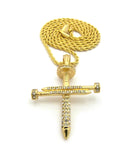 Studded Allover 3 Cross Nail Pendant w/ 2mm 24" Rope Chain Necklace in Gold-Tone