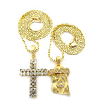 Mirco Jesus Face & 2 Row Stone Cross Pendant Set w/ 24" & 30" Box Chain Necklaces in Gold-Tone