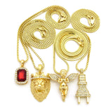 Ruby Red Stone, Power Plug, Extended Wing & King Lion Pendant Set w/ Chain Necklaces in Gold-Tone