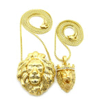 Stone Stud Crown Lion & Fierce Lion Head Pendant Set w/ 2mm 24" & 30" Box Chain Necklaces in Gold-Tone