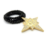 Gold-Tone Stone Stud 5 Percenter Star Pendant with 8mm 33" Wood Bead Necklace