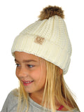C.C Kids' Children's Cable Knit Faux Fuzzy Fur Pom Fleece Lined Cuff Beanie