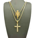 Stone Stud Praying Angel & 2 Row Cross Pendant Set w/ 2mm 24" & 30" Box Chain Necklaces in Gold-Tone