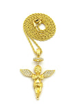 Stone Stud Winged Praying Halo Angel Pendant with Chain Necklace