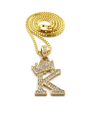 Unisex Stone Stud Tilted Crown Letter Initial Micro Pendant 2mm Box Chain Necklace, 20", K