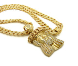 Stone Stud Thick Hair Jesus Head Pendant with 12mm 30" Iced Out Cuban Chain Necklace in Gold-Tone