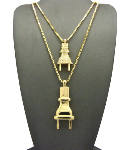Stone Stud and Polished Power Plug Pendant Box Chain Necklace Set in Gold-Tone