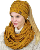 C.C Colorful Confetti BeanieTail Messy High Bun Cable Knit Beanie and Infinity Loop Scarf Set