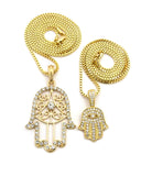 Stone Stud Hamsa Palm Fatima Hand Pendant Set w/ 2mm 24" & 30" Box Chain Necklaces in Gold-Tone