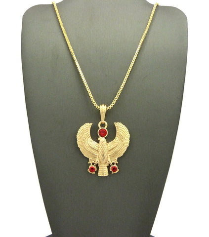 Ruby Red Round Gemstone Horus Falcon Pendant w/ Chain Necklace
