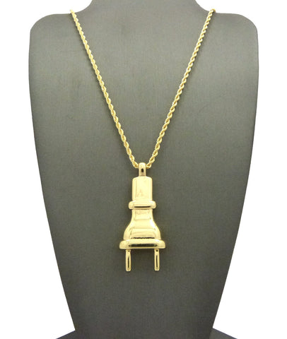 Gold-Tone Polished Power Plug Pendant with Chain Necklace