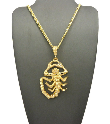 Polished Scorpion Pendant w/ 4mm 24" Cuban Chain Necklace in Gold-Tone