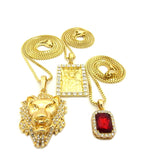 Ruby Red Gemstone, Statue of Liberty & Noble Lion Head Pendant Set w/ Box Chains in Gold-Tone