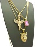 Pink Stone, Halo Angel & King Lion Pendant Set w/ Multi Length Box Chains in Gold-Tone