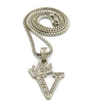 Unisex Stone Stud Tilted Crown Letter Initial Micro Pendant 2mm Box Chain Necklace, 20", V