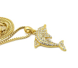 Stone Stud Diving Dolphin Pendant w/ Chain Necklace, Gold-Tone