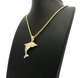 Stone Stud Diving Dolphin Pendant w/ Chain Necklace, Gold-Tone