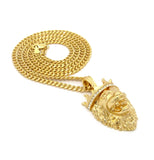 Stone Stud Crown King Lion Pendant w/ 3mm 24" Concave Cuban Chain Necklace in Gold-Tone