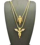 Stone Stud Extended Wing Praying Angel Set w/ 24" & 30" Gold-Tone Box Chain Necklaces