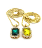 Micro Yellow & Faux Emerald Stone Pendant Set 2mm 24" & 30" Box Chain Necklace in Gold-Tone