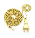 Power Plug Pendant w/ 2mm 24" Box Chain & 6mm 30" Rope Chain Necklace in Gold-Tone
