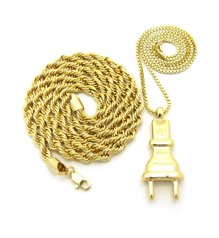 Power Plug Pendant w/ 2mm 24" Box Chain & 6mm 30" Rope Chain Necklace in Gold-Tone