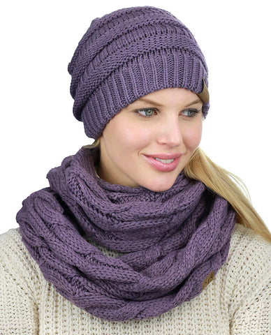 C.C Unisex Soft Stretch Chunky Cable Knit Beanie and Infinity Loop Scarf Set