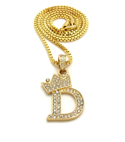 Unisex Stone Stud Tilted Crown Letter Initial Micro Pendant 2mm Box Chain Necklace, 20", D,